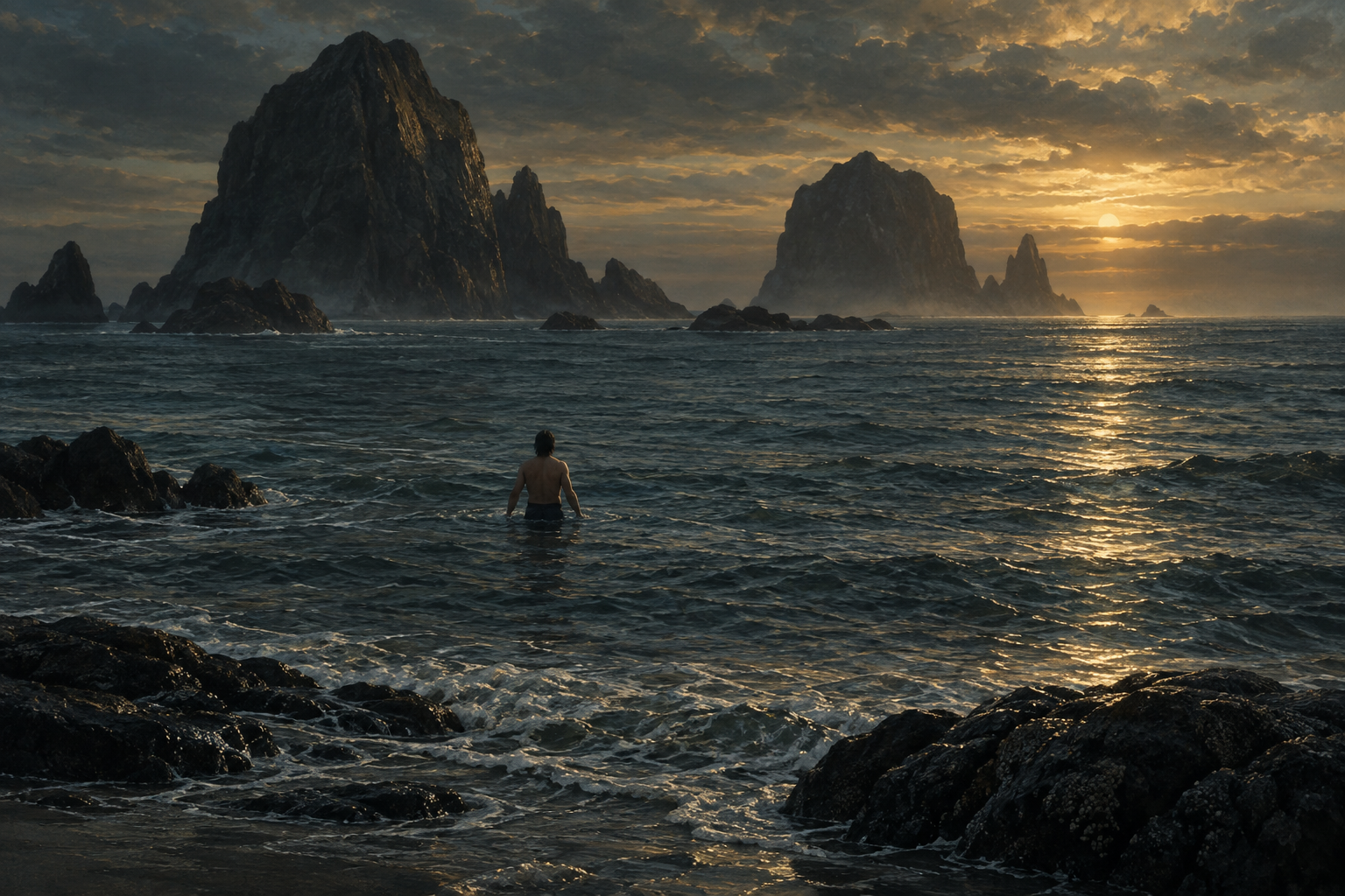 A lone person wading into the sea toward distant offshore rocks