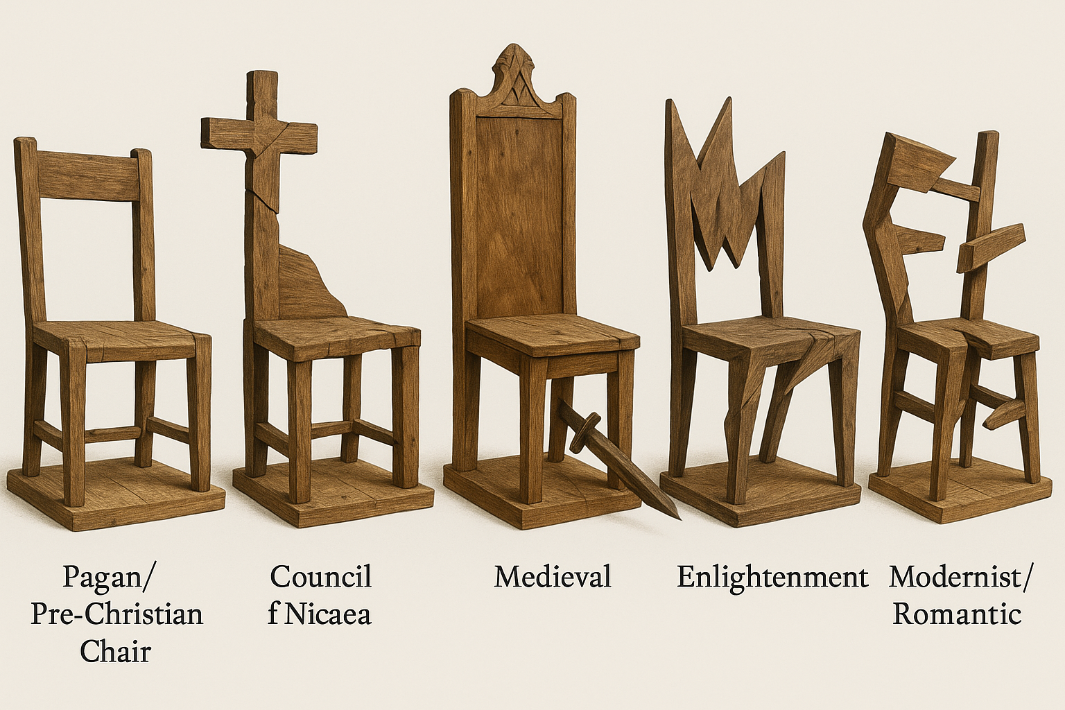 Another imagined chair sequence, moving from pagan and early Christian forms through medieval, Enlightenment, and modern forms.