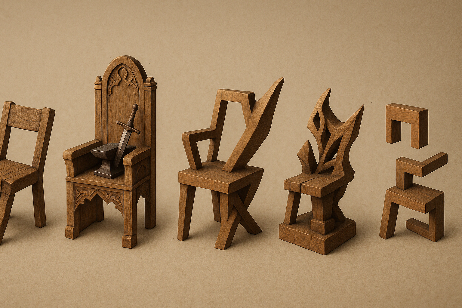 An additional study of sculptural wooden chairs from Galen’s imagined workshops.