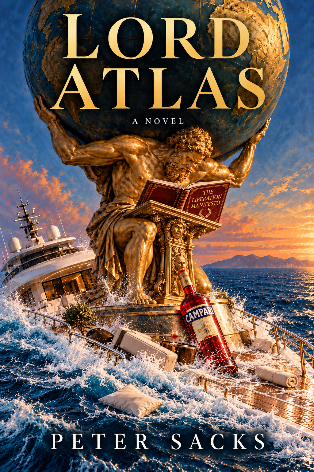 Lord Atlas, a novel by Peter Sacks. A giant golden Atlas reads The Liberation Manifesto while holding up the world aboard a sinking superyacht, with an oversized bottle of Campari at his feet.
